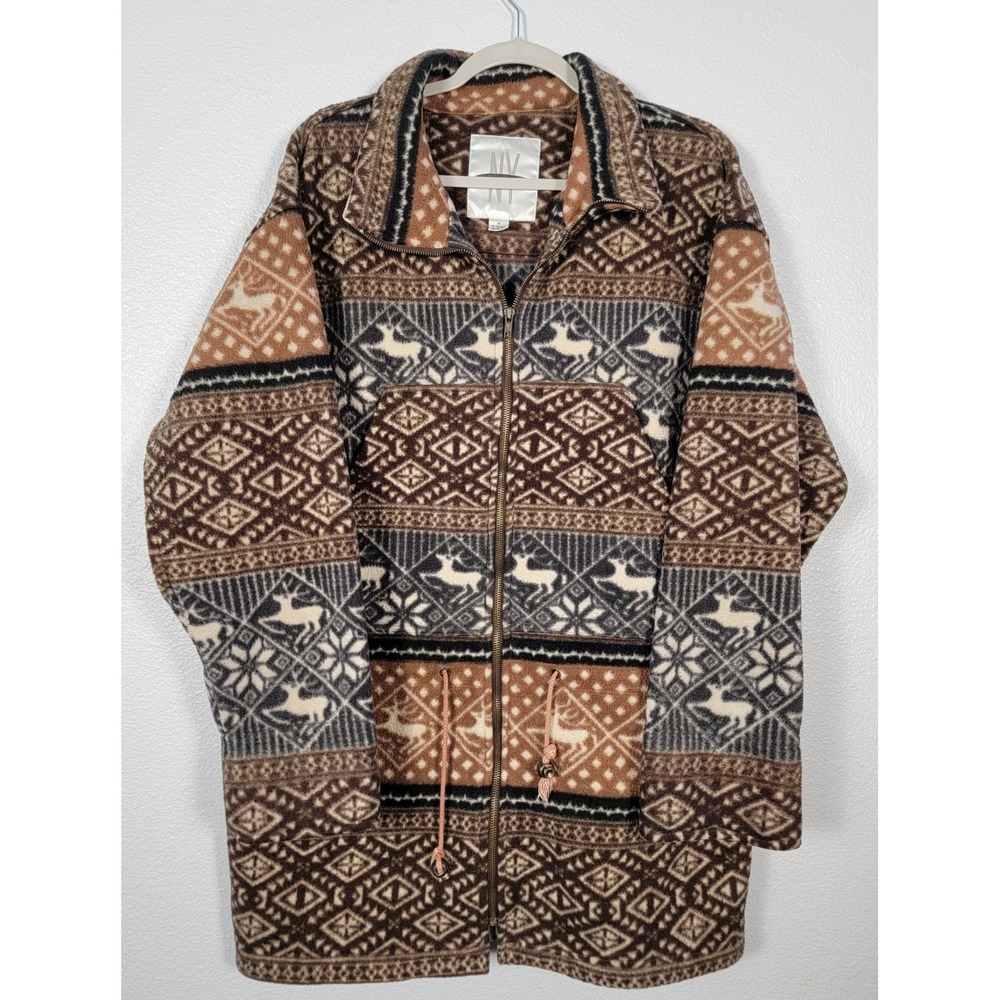 Vintage NY 10018 Fleece Jacket Reindeer Fair Isle Nordic Full Zip Brown M Cozy